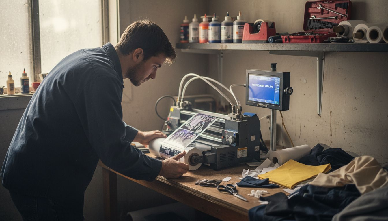 Technician uses DTF printing machine in studio