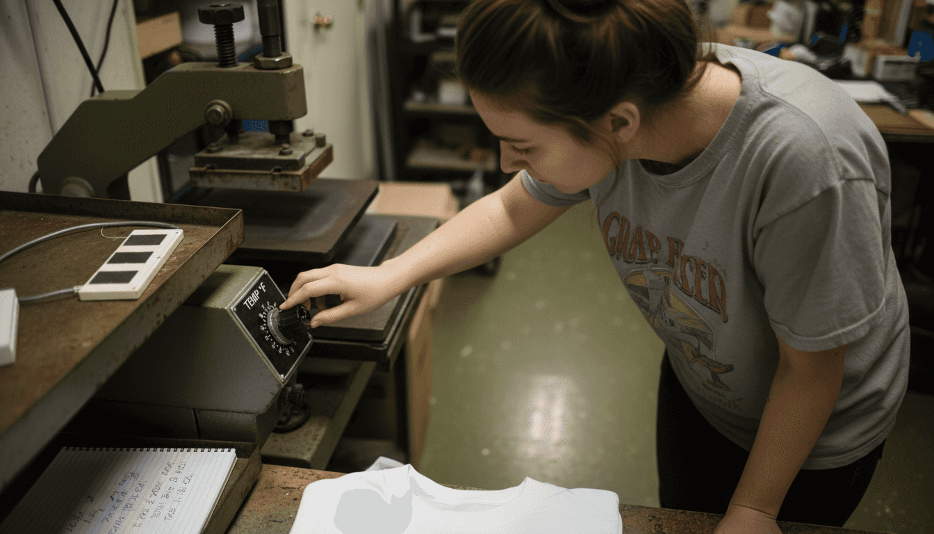 Operator checking heat press temperature control