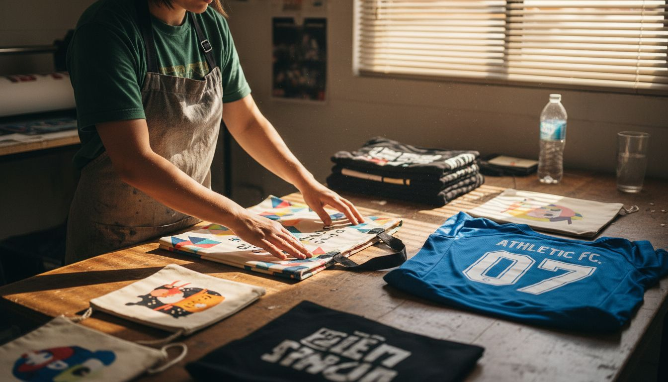 Operator displaying different DTF printed fabrics