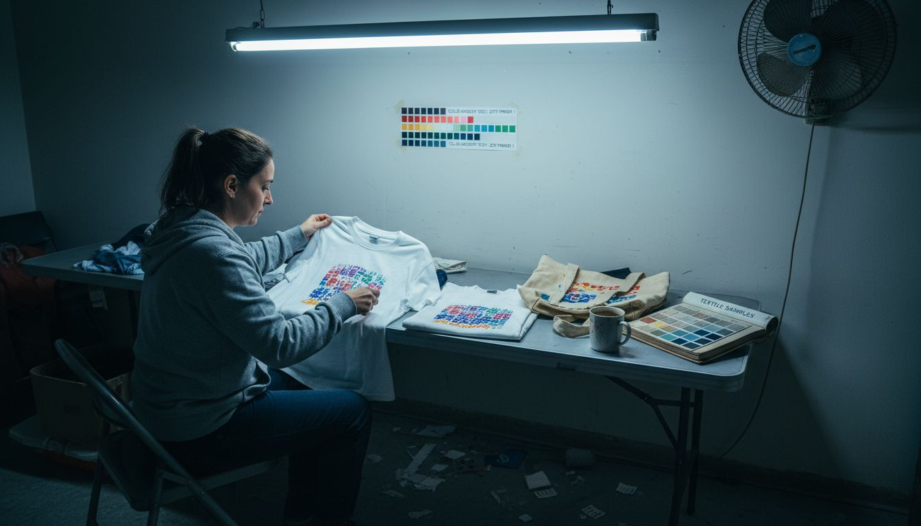 Woman examining DTF prints on fabrics