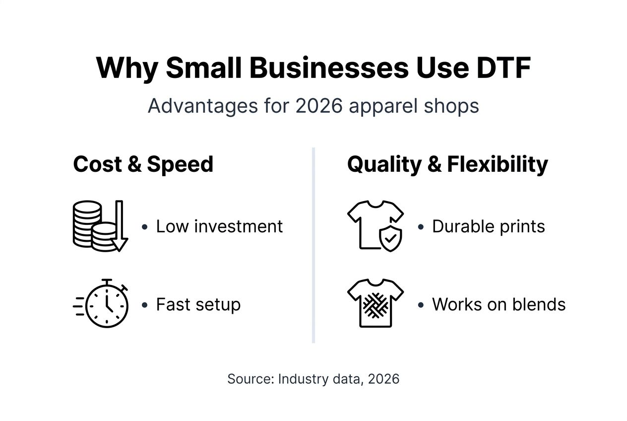Infographic showing small business DTF printing benefits