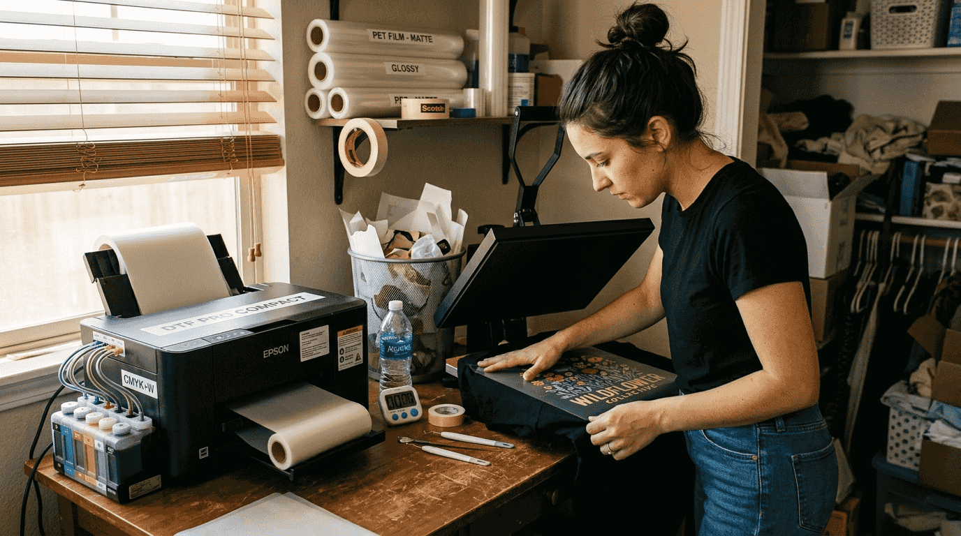 Woman applying DTF transfer with home setup