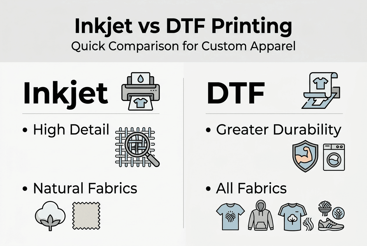 Infographic comparing inkjet and DTF printing features