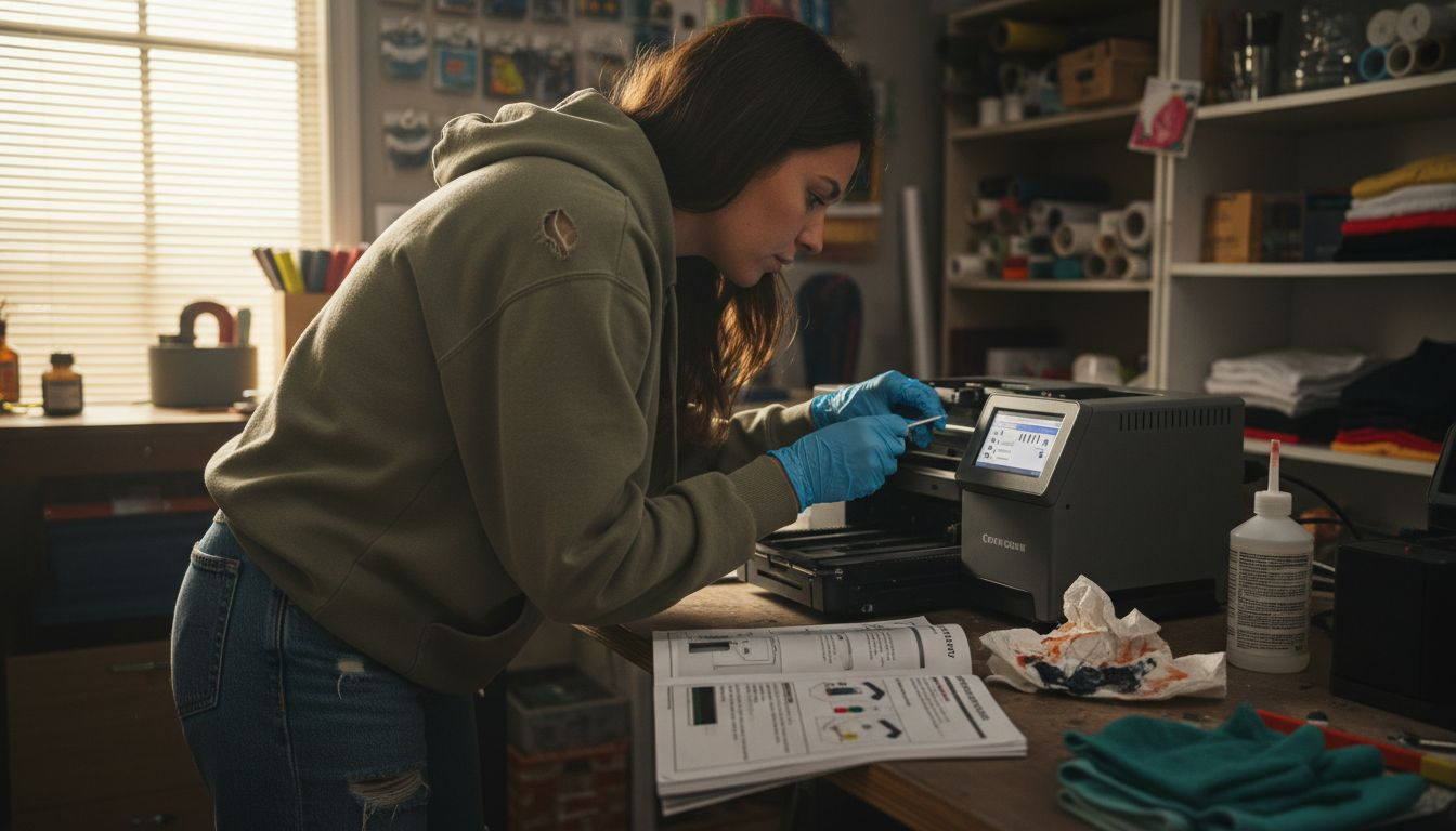 Woman maintaining DTF printer with cleaning tools