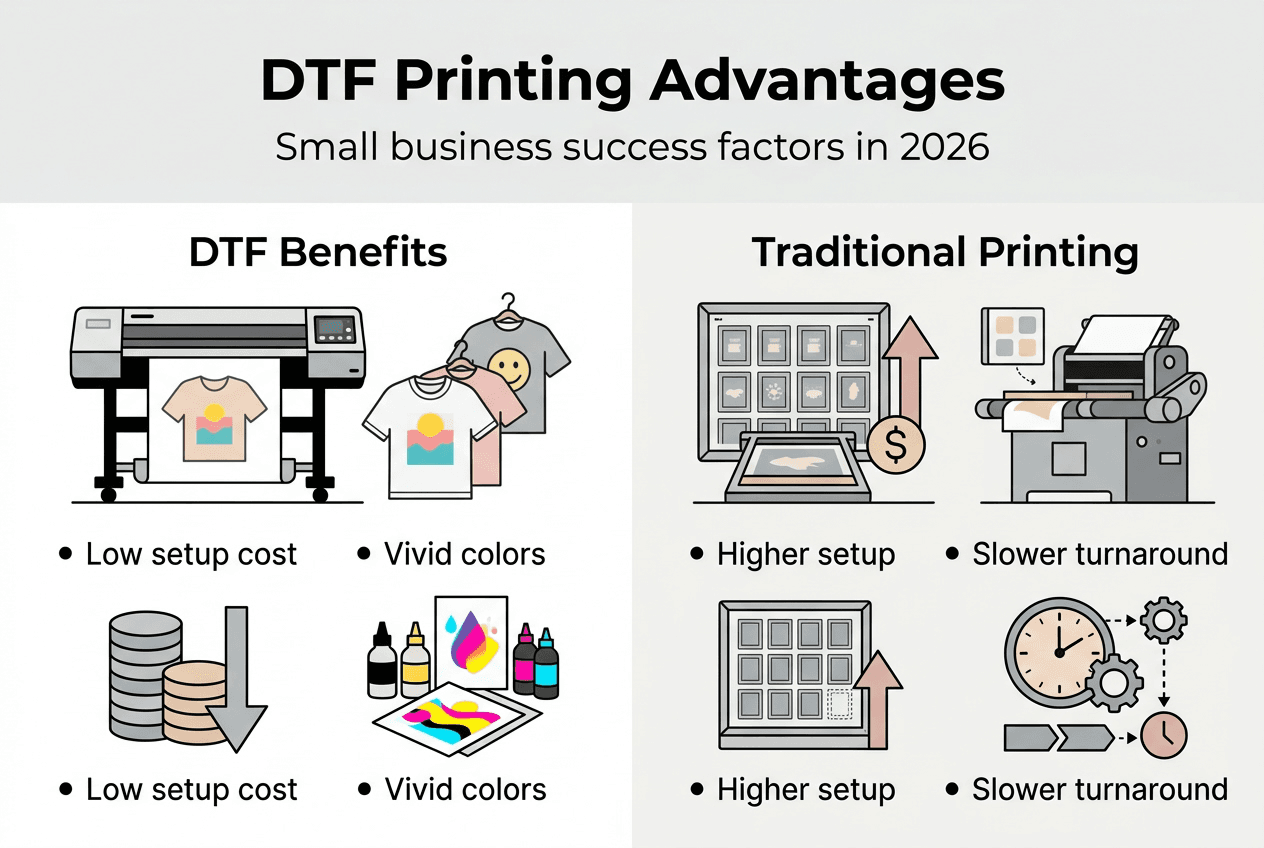 Infographic comparing DTF and traditional printing benefits