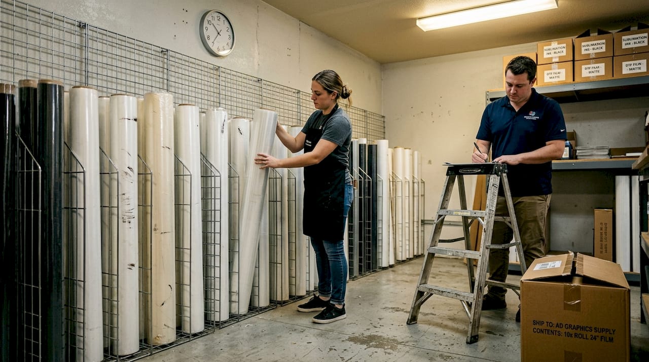 Transfer film rolls stored vertically in shop