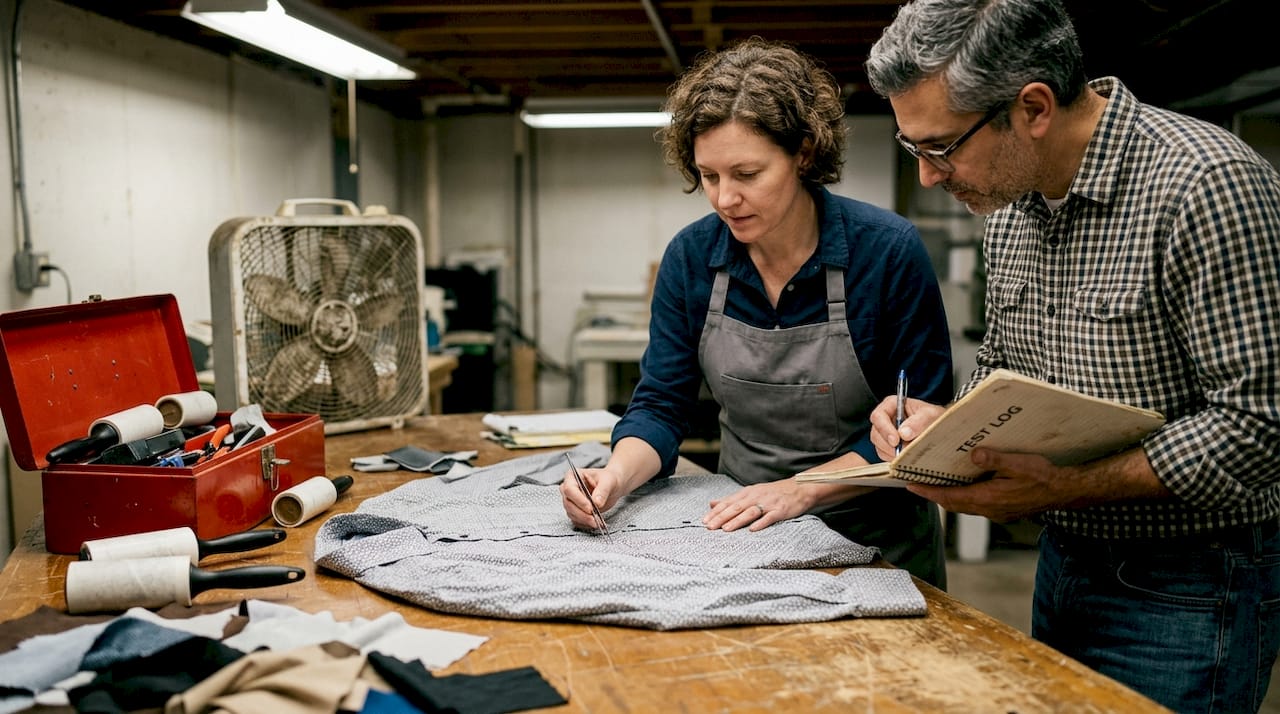 Engineers inspecting polyester blend print