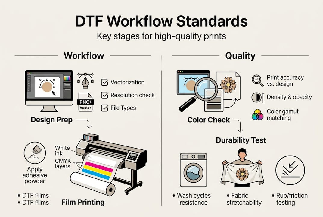 DTF workflow infographic with benchmarks