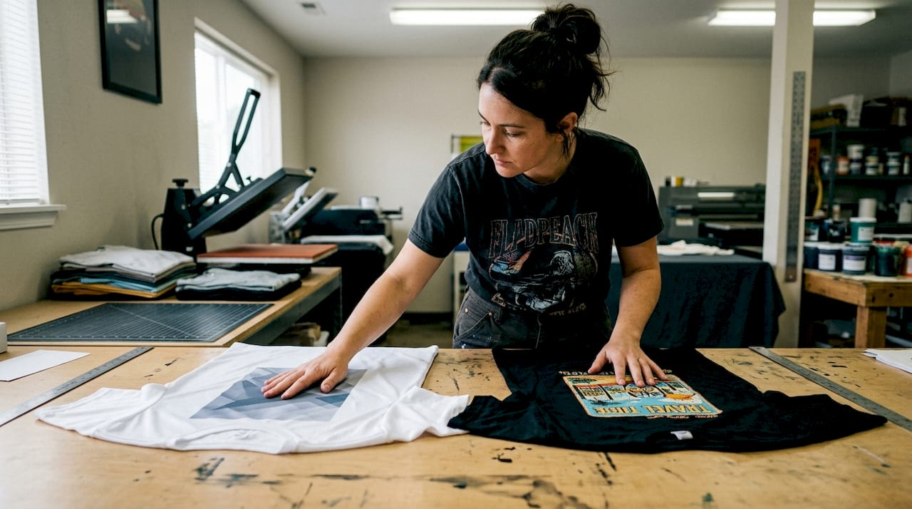 Technician comparing DTF prints on fabrics