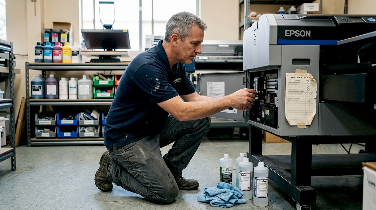 Manager cleaning DTG printer workspace