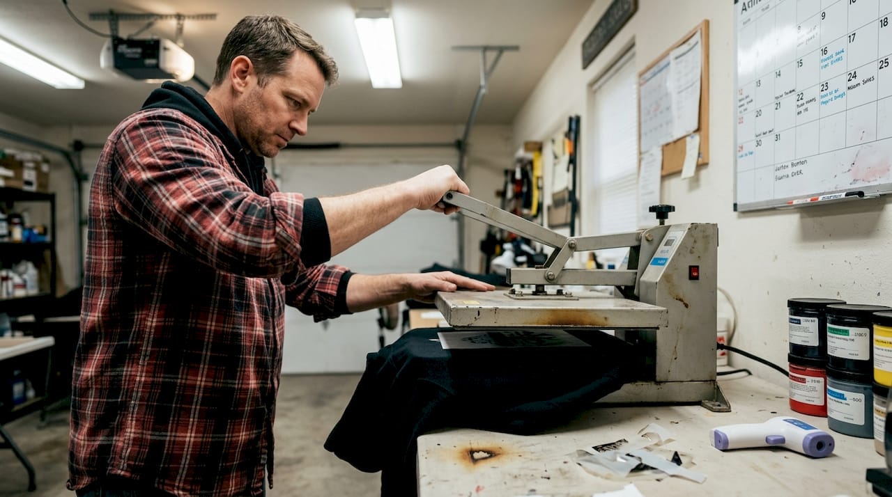 Man heat-pressing test transfer onto hoodie