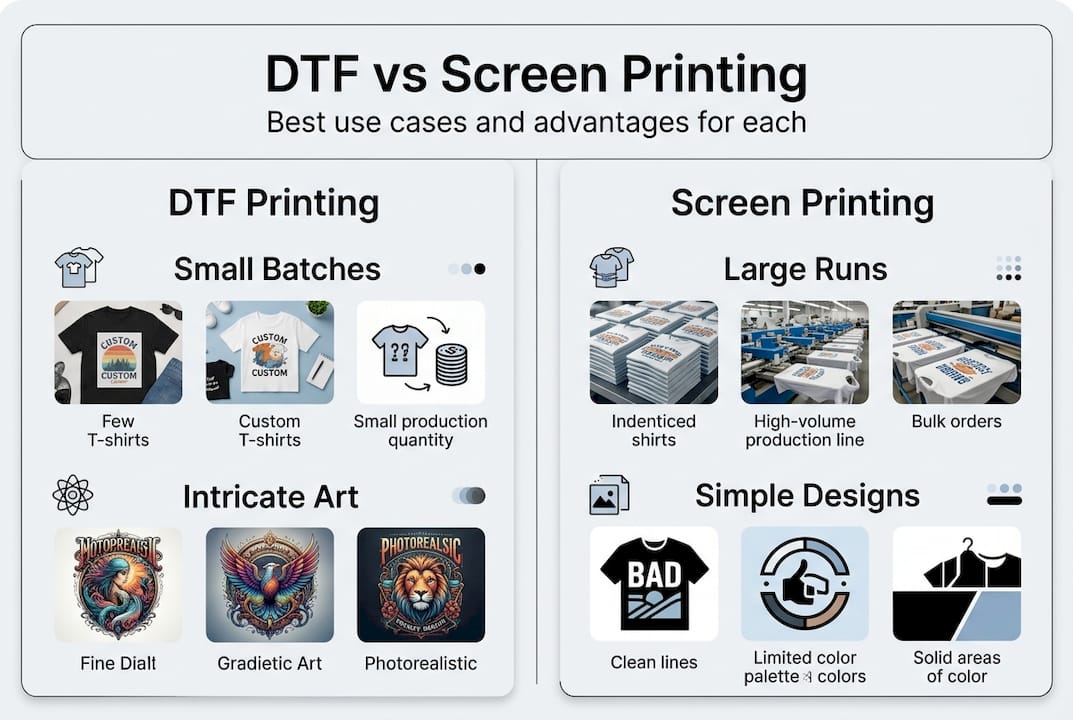 DTF versus screen printing infographic comparison