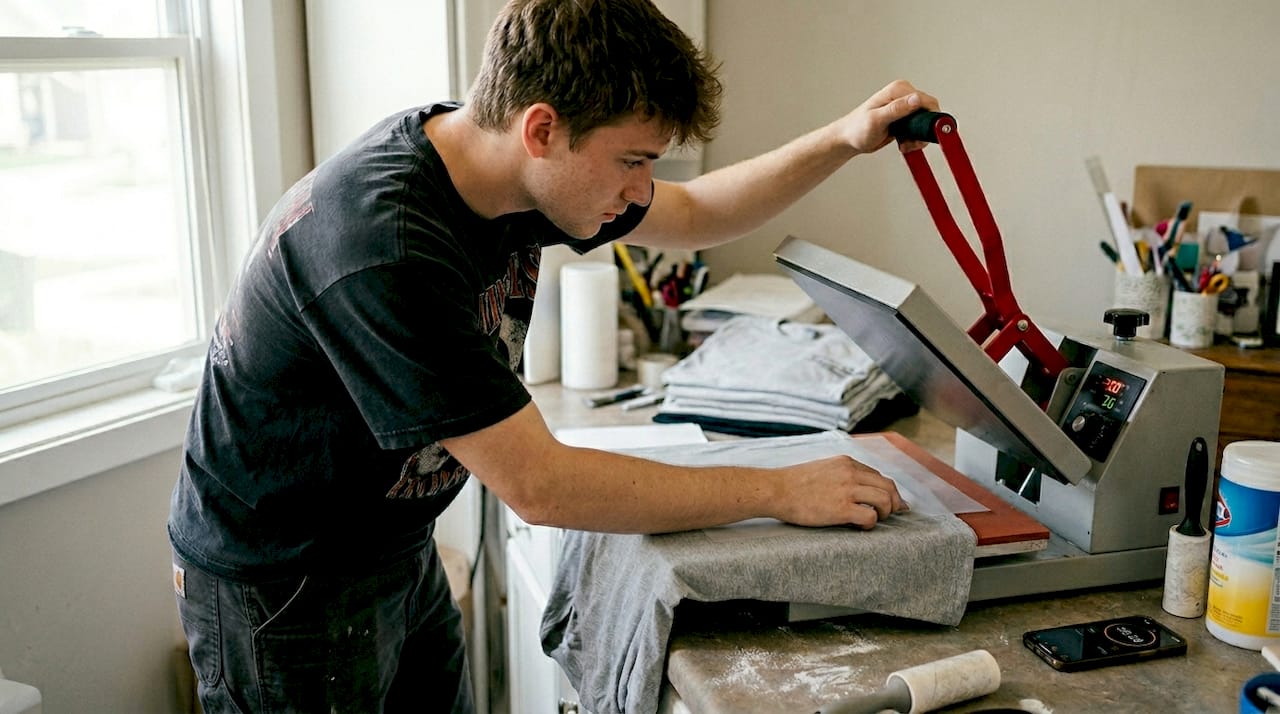 Home heat press applying DTF transfer to shirt
