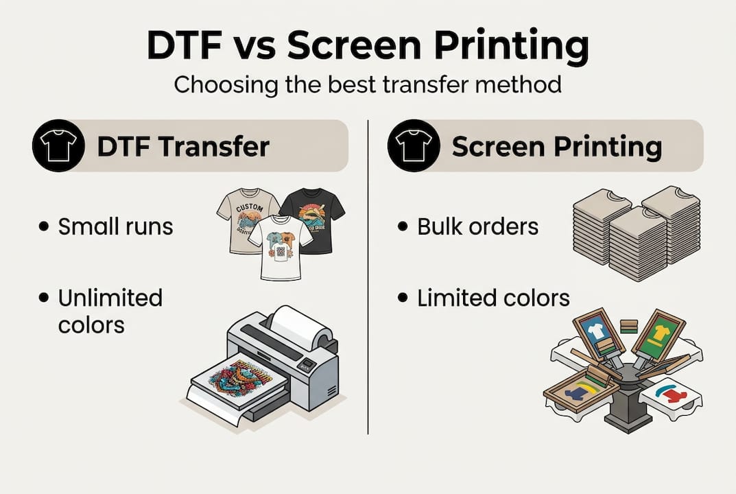 Infographic comparing DTF and screen printing