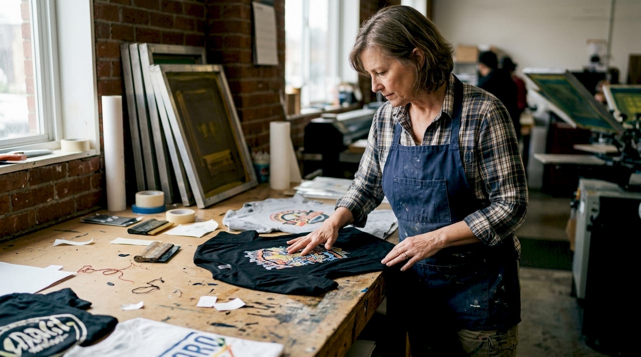 Print technician compares DTF and screen samples