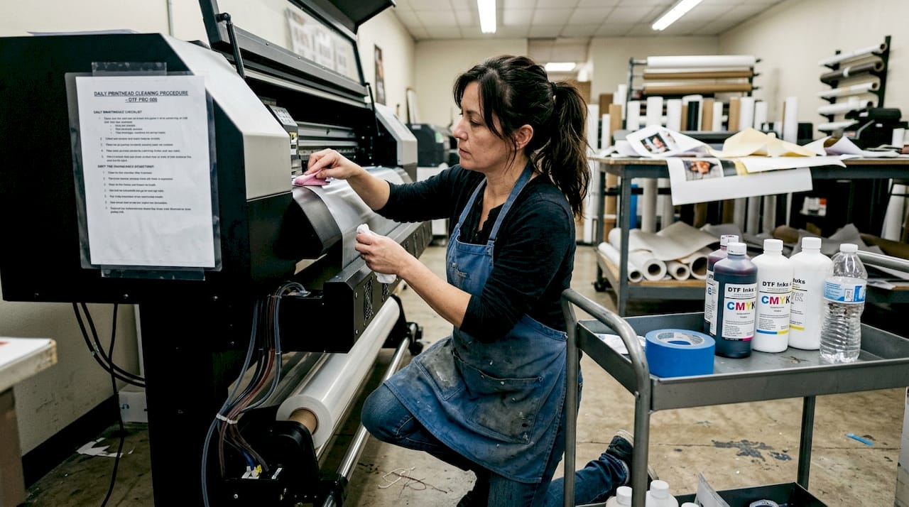 Cleaning printhead in busy DTF print shop