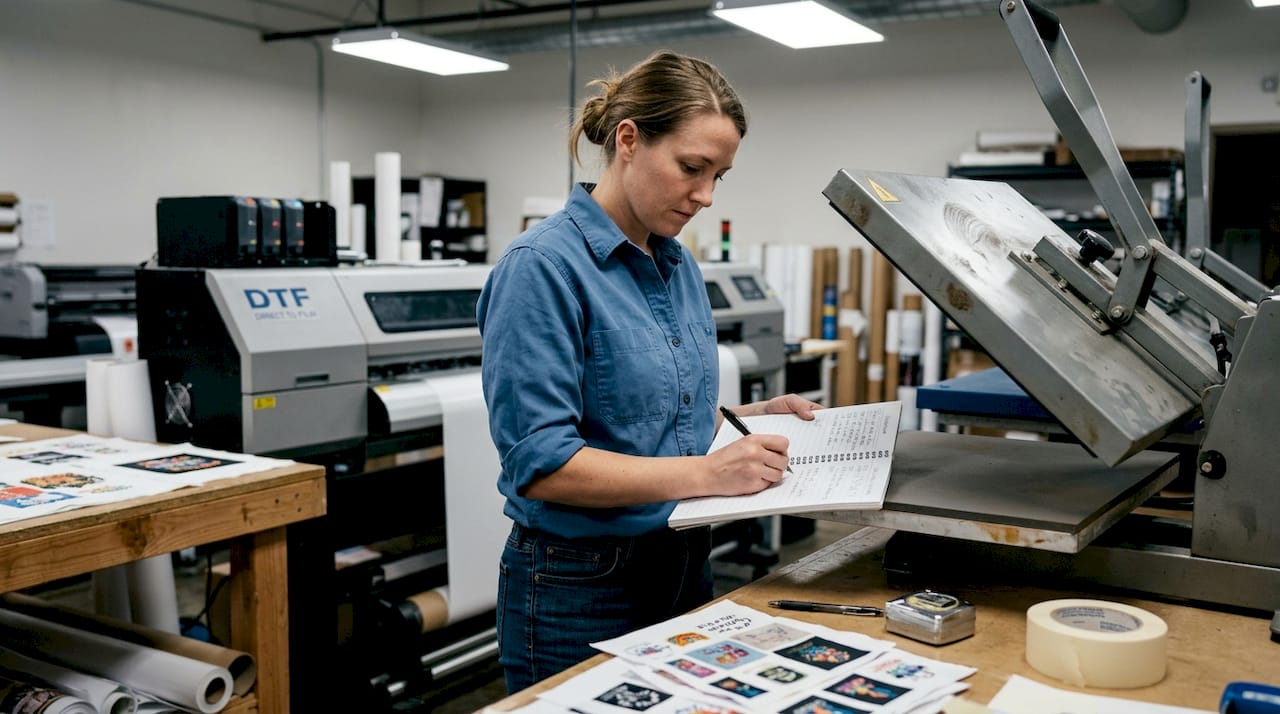 Operator writing printer maintenance log near heat press
