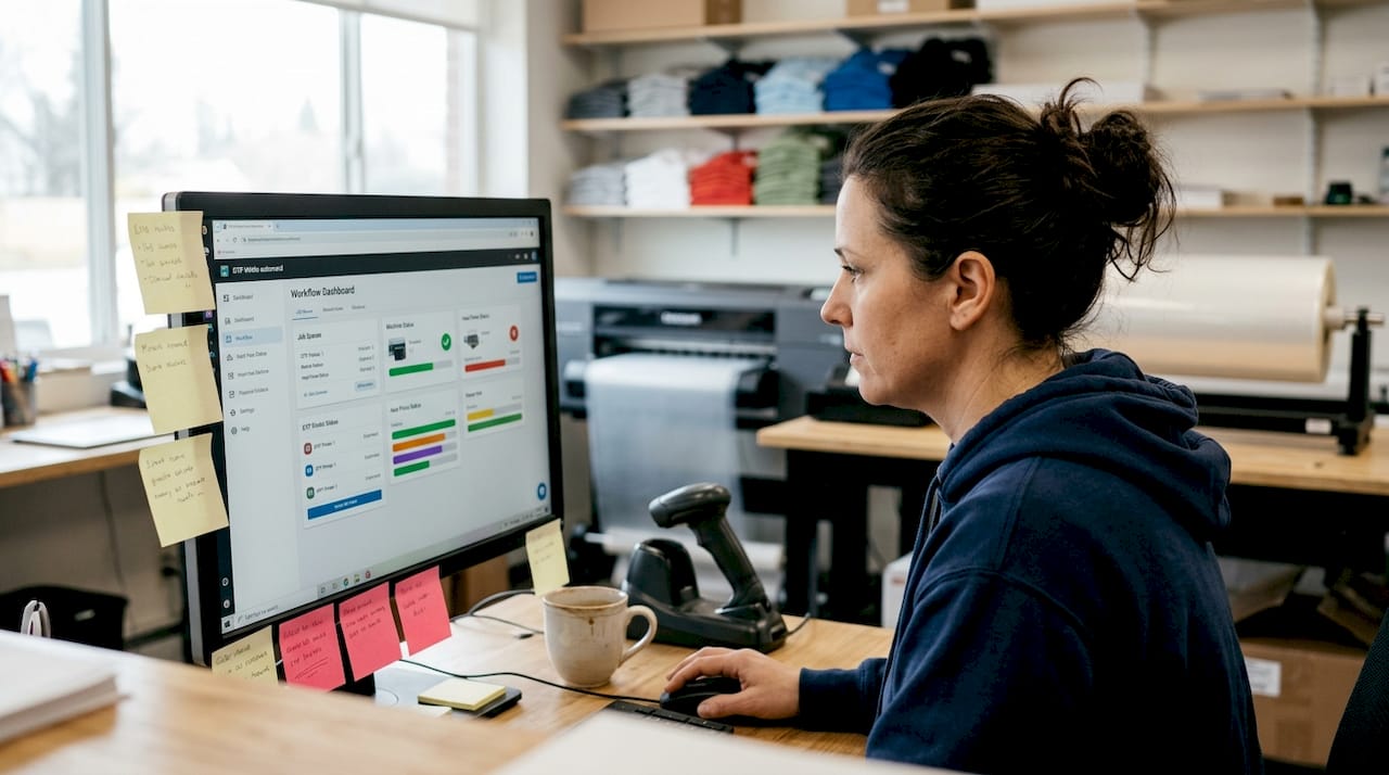 Shop owner reviewing DTF workflow automation