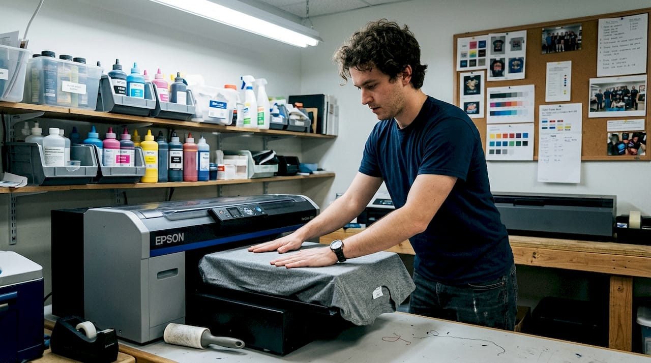 Worker preparing shirt for digital garment printing