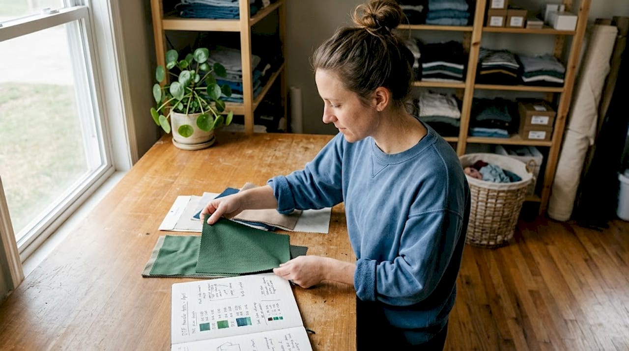 Person sorting apparel fabric samples for printing