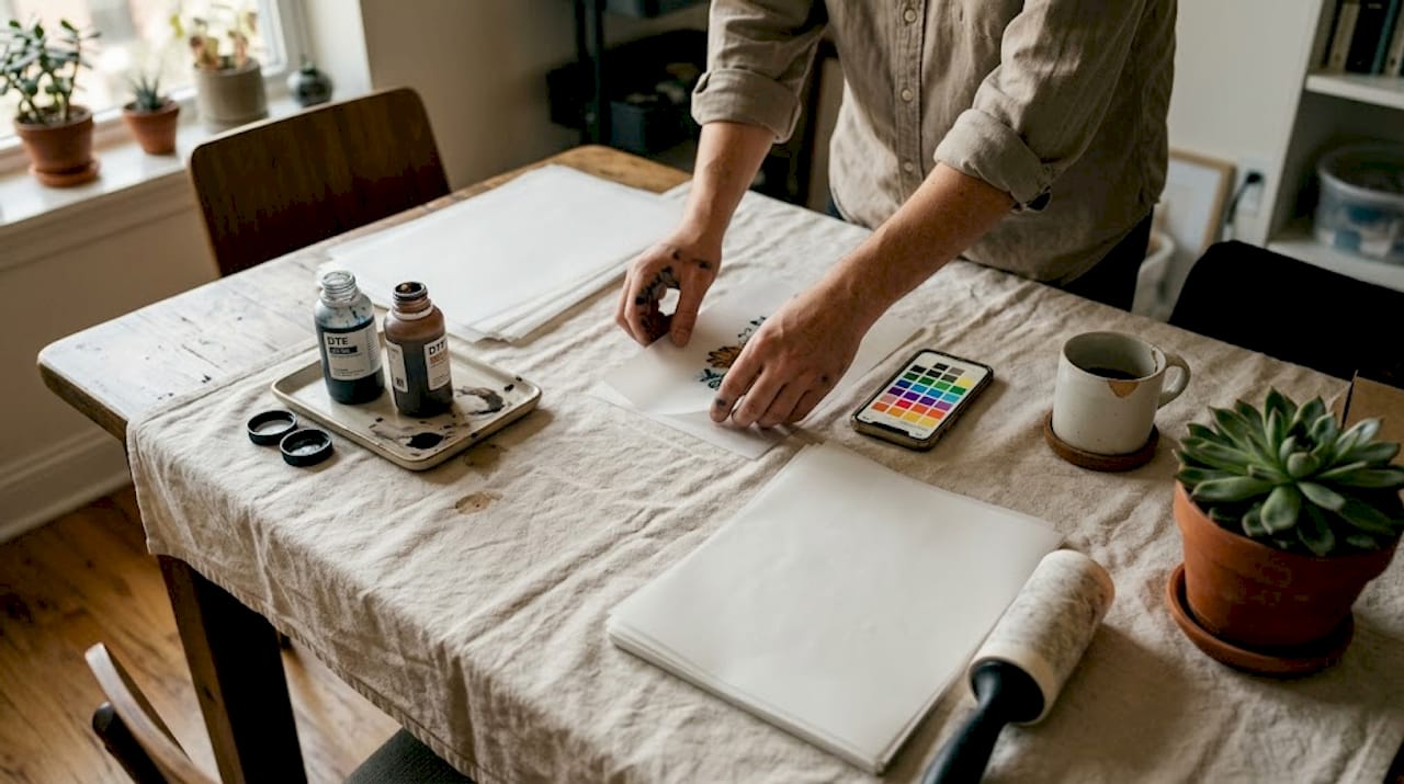 DTF ink, film, and workspace details overhead