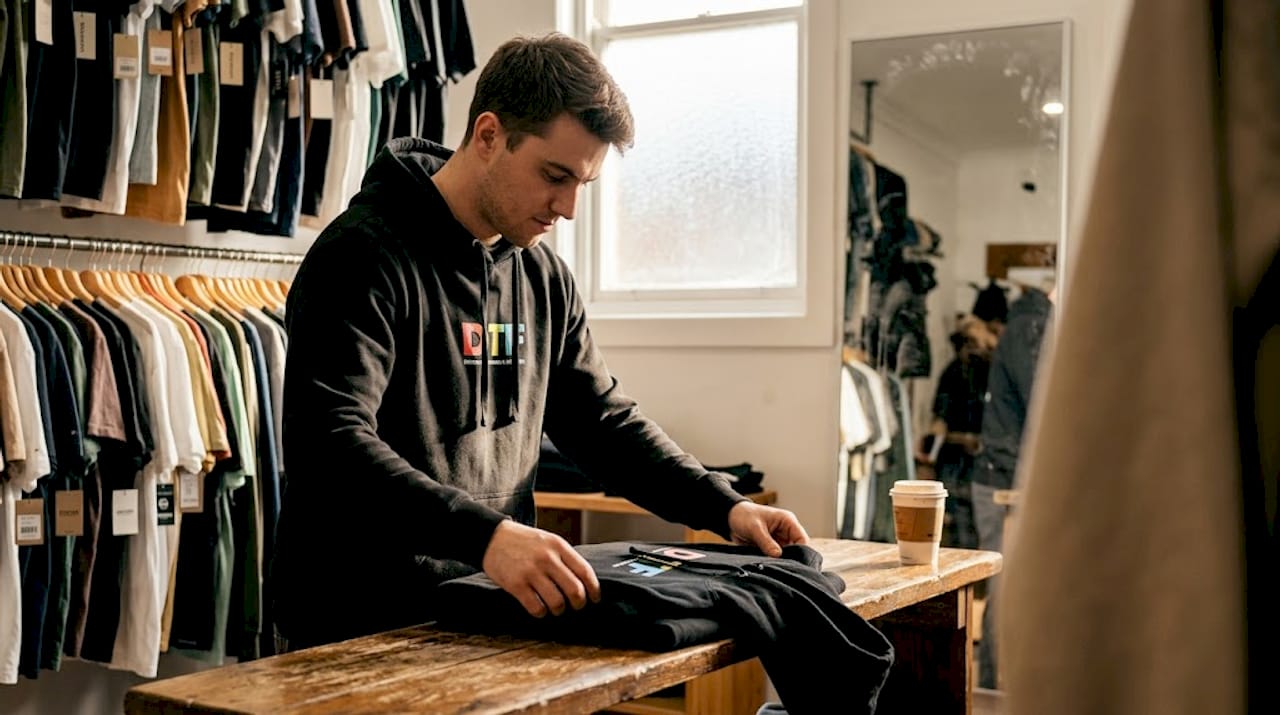 Branded hoodies folded using DTF transfers