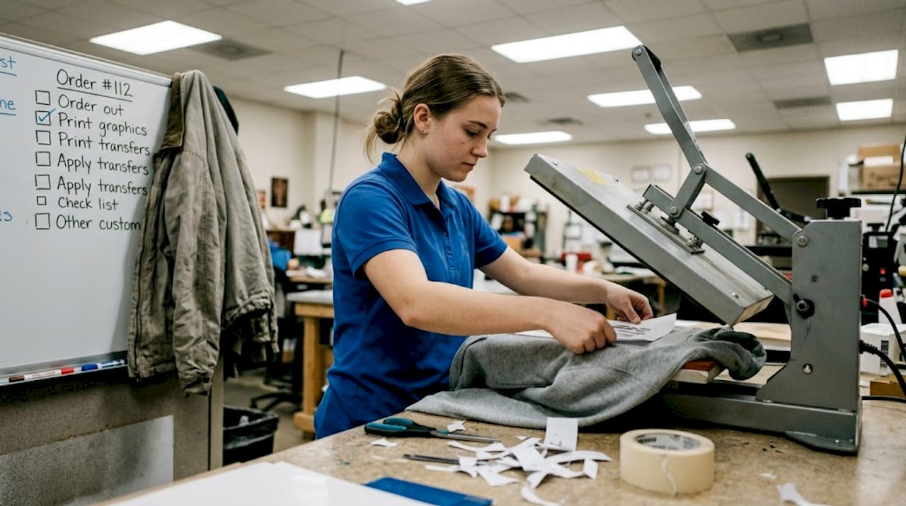 Technician aligning transfers for apparel process