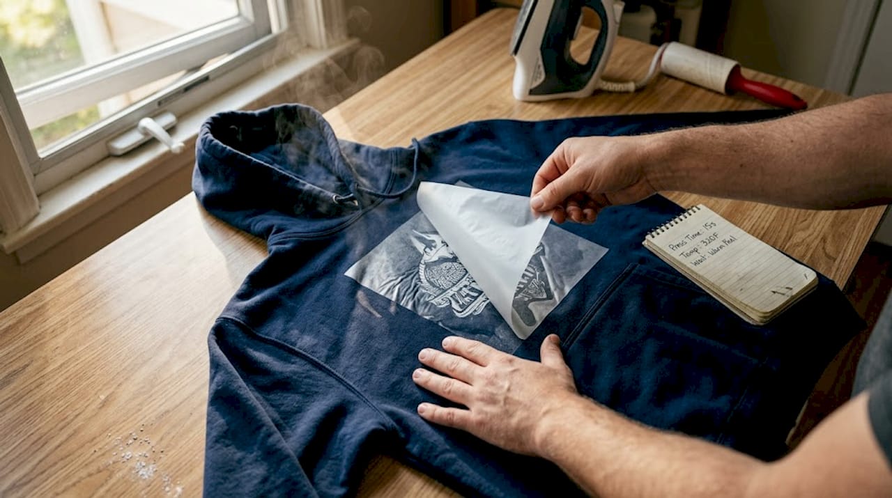 Hands peeling DTF film after heat press