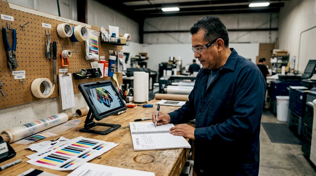 Worker logging DTF defects at print shop bench