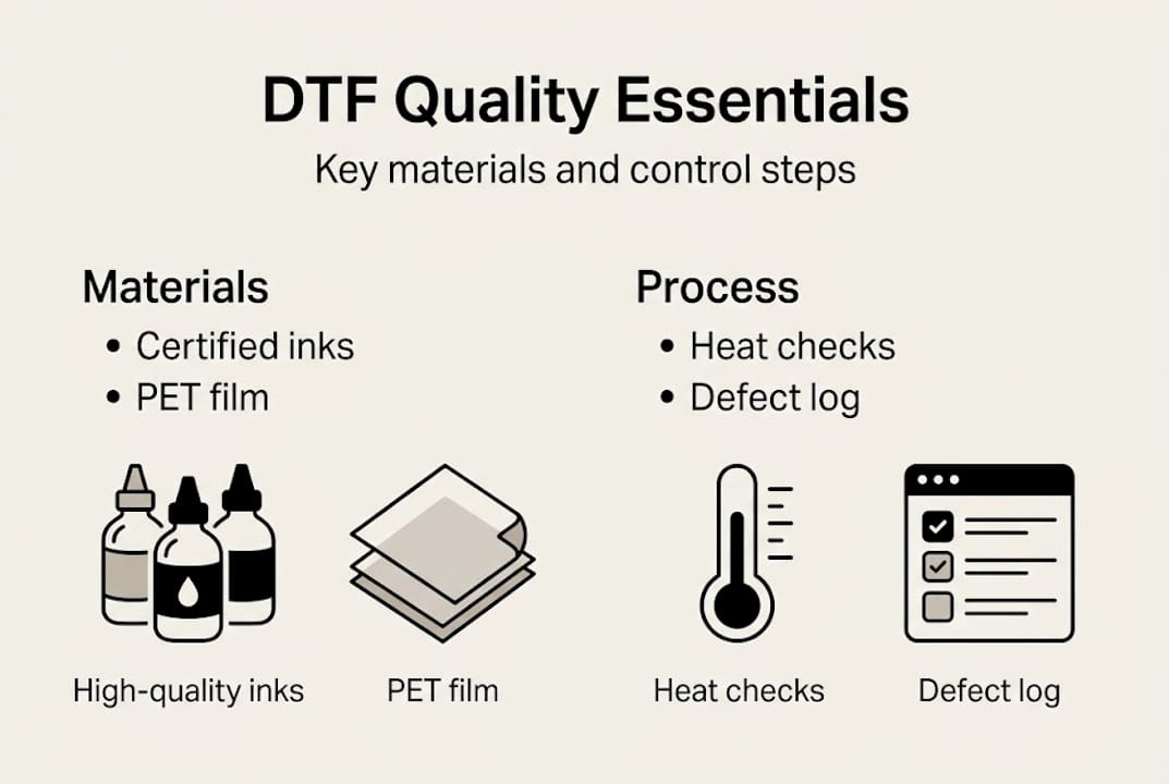 Infographic showing DTF essentials and QC steps
