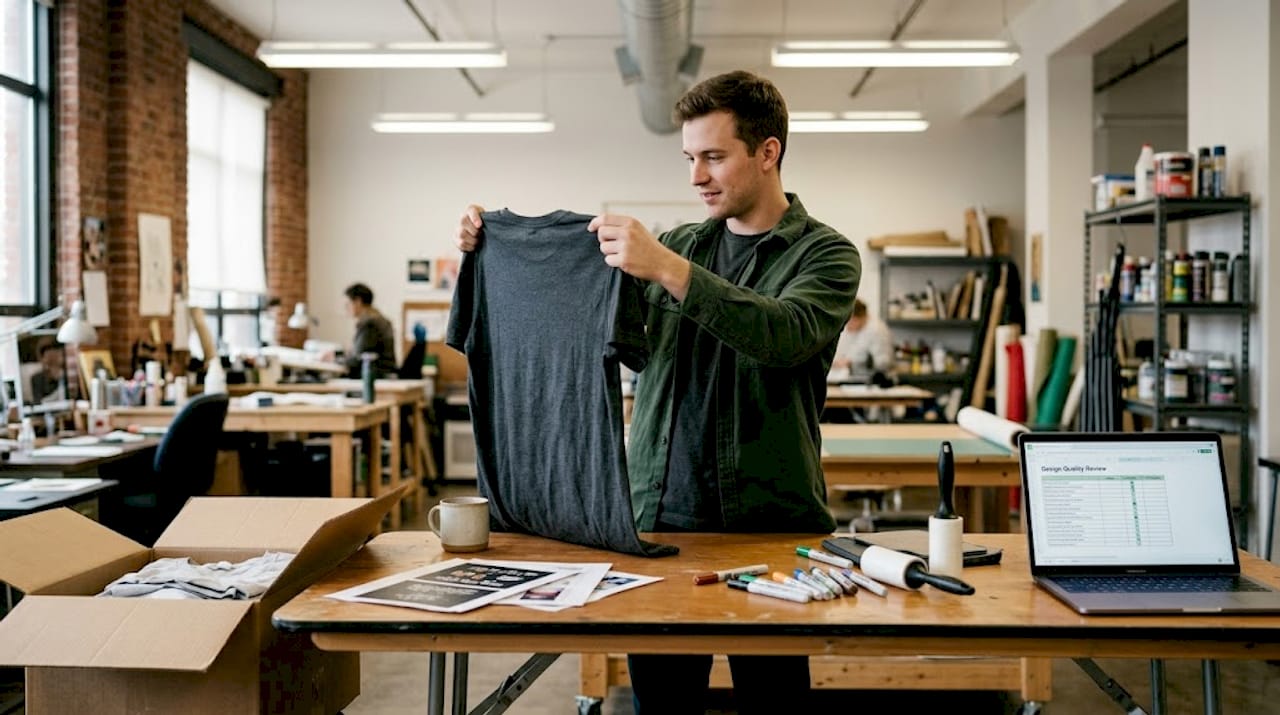 Apparel designer inspecting print quality in studio