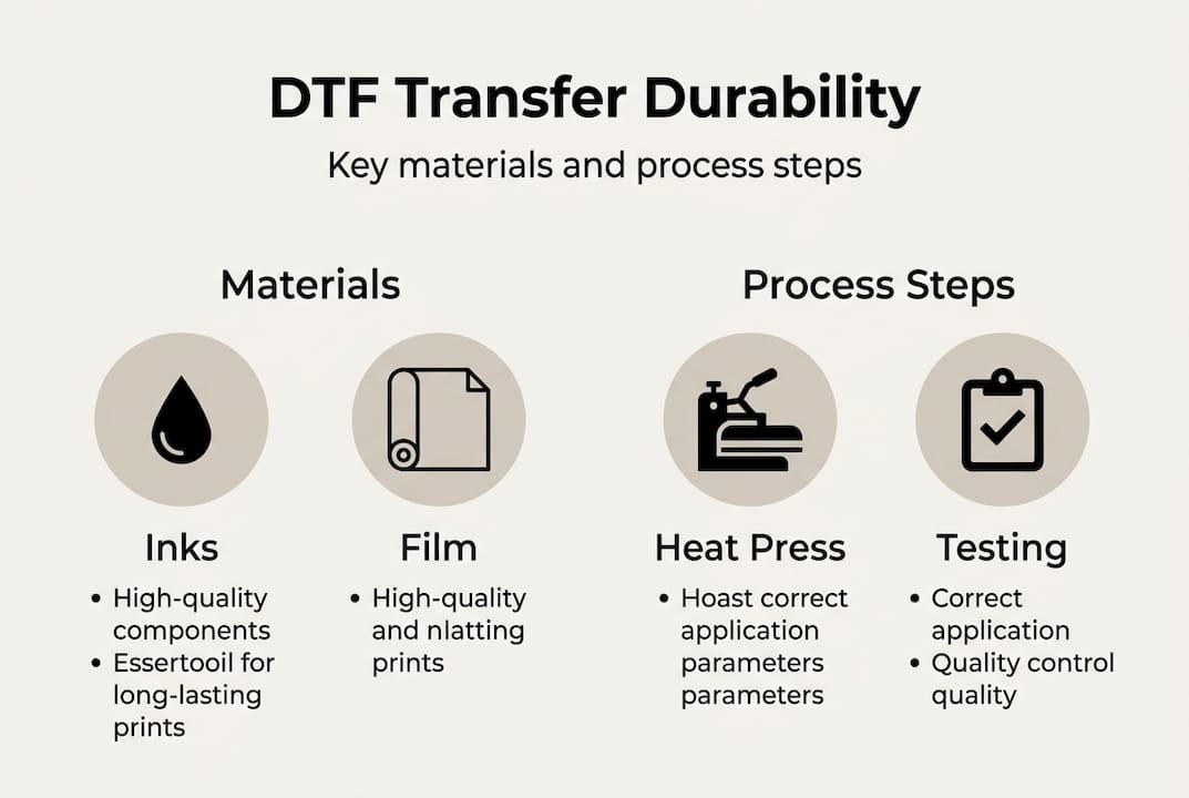 Infographic of DTF transfer durability materials and steps