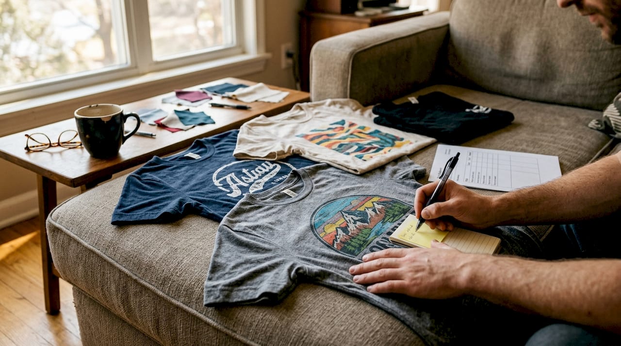 Designer comparing DTF print samples at home