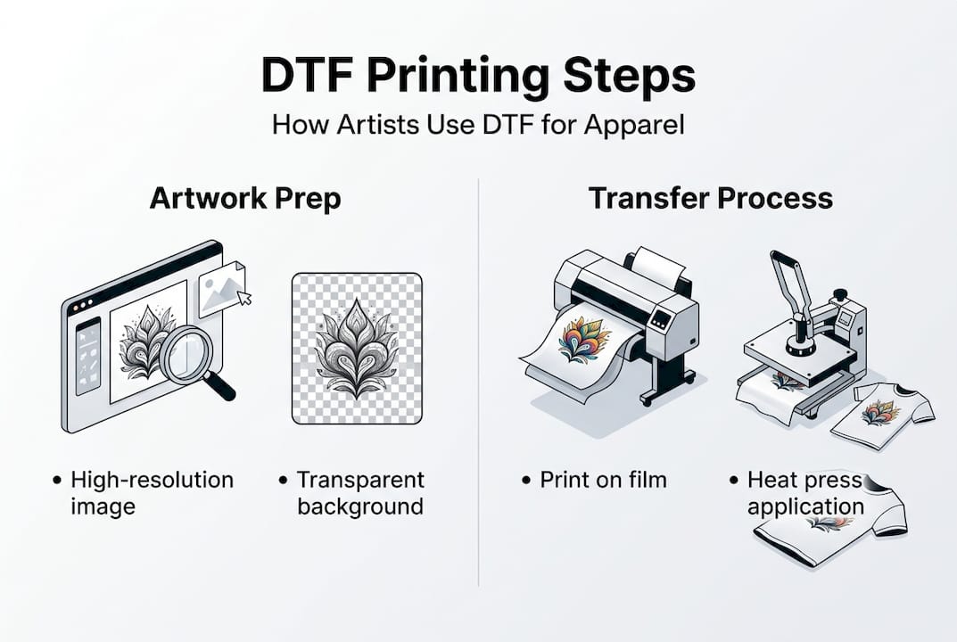 Infographic of DTF printing workflow steps