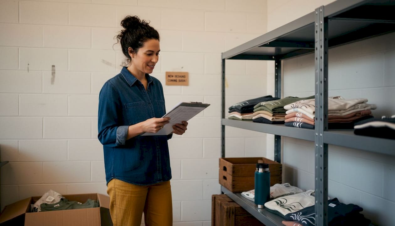 Shop owner reviewing apparel inventory in storeroom