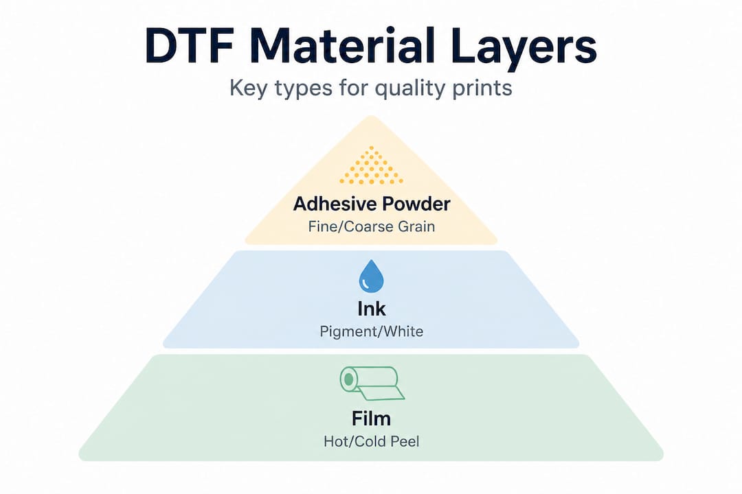 Infographic showing DTF material layers and types