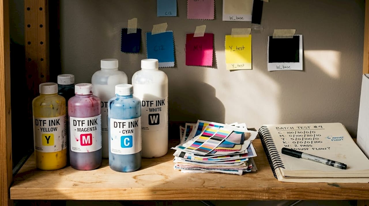 DTF ink bottles and printed test swatches on studio shelf