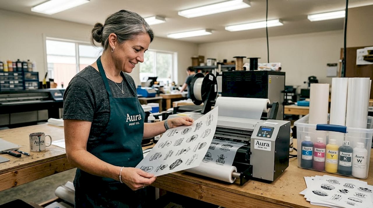 Technician reviewing DTF gang sheet materials