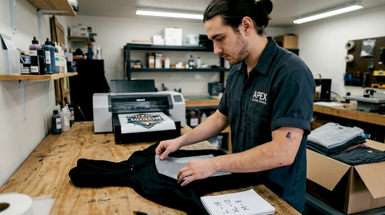 Technician preparing DTF transfer on hoodie
