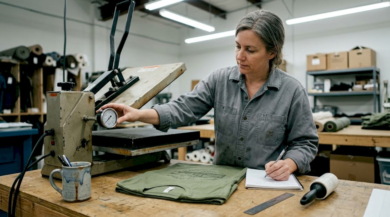Worker checking garment press pressure gauge