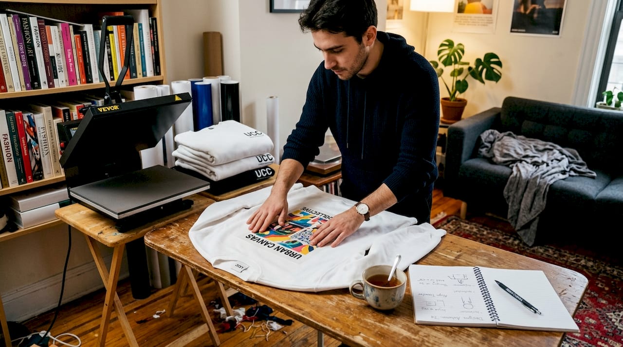 Man aligning DTF transfer on sweatshirt