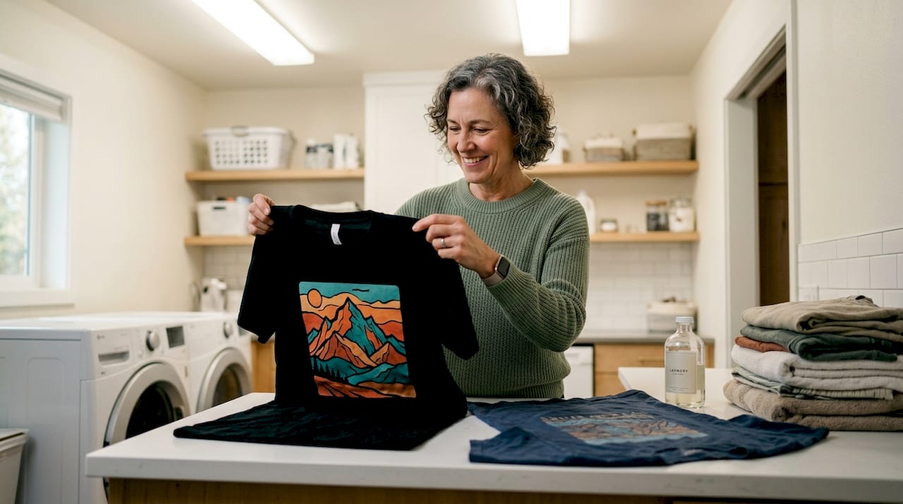 Woman comparing washed DTF print shirts