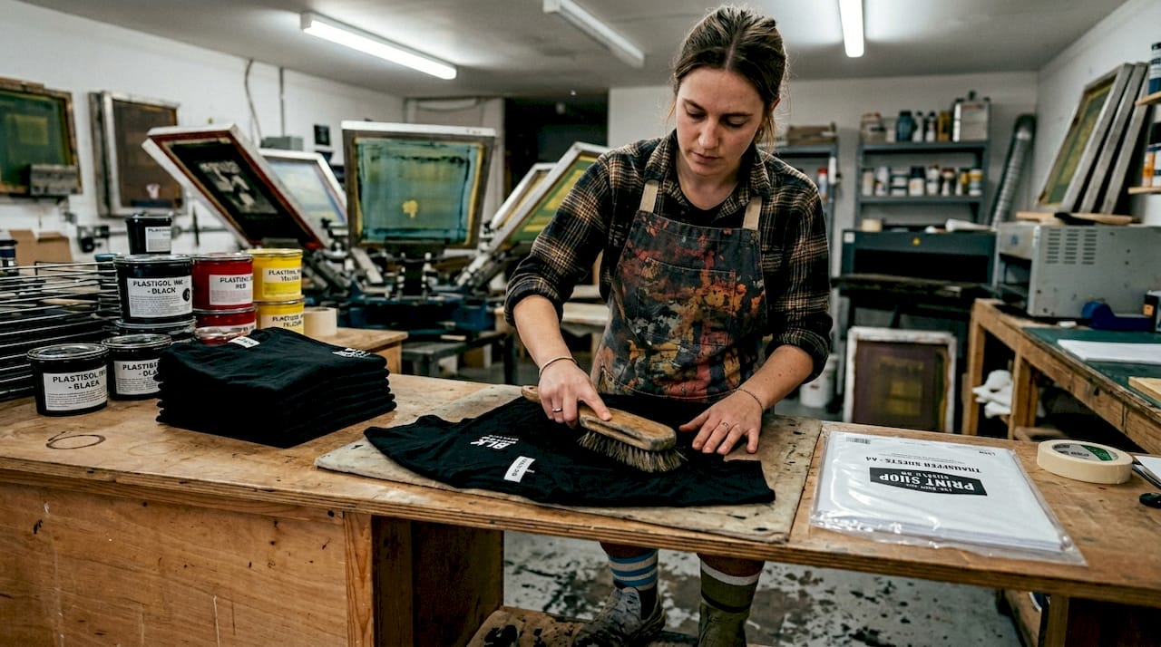 Worker prepares shirt for DTF transfer