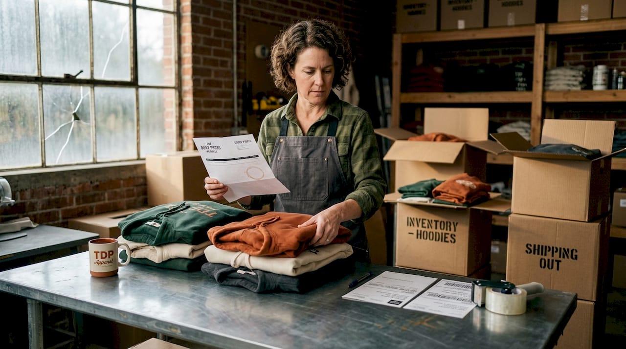 Small business owner sorting printed hoodies