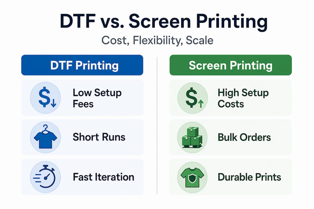 Infographic comparing DTF and screen printing features