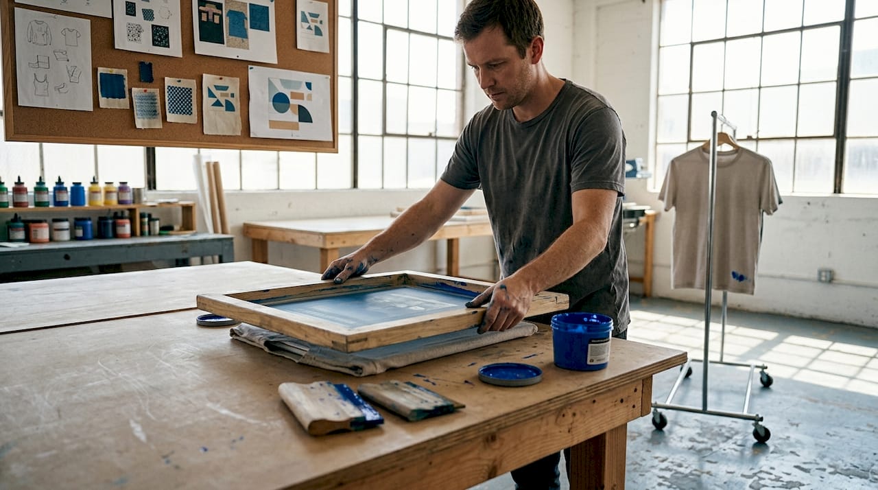 Operator using silkscreen in apparel workshop