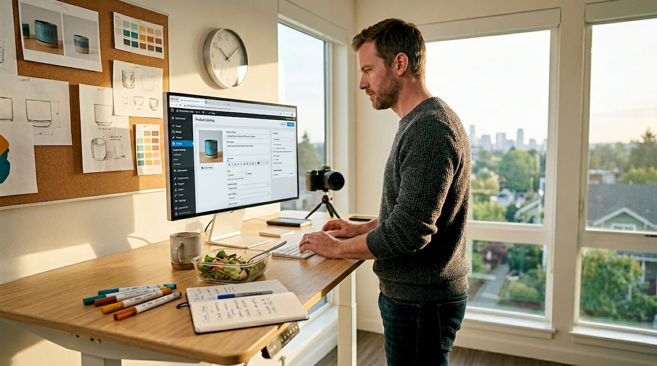 Man managing print-on-demand orders in home office