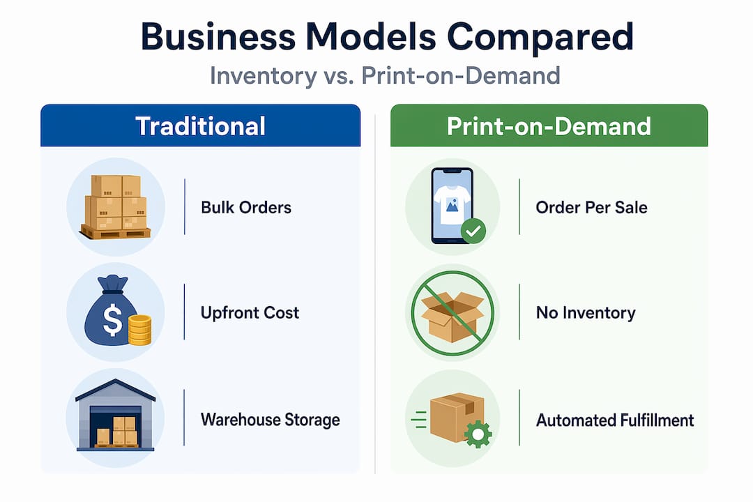 Infographic comparing traditional and print-on-demand models