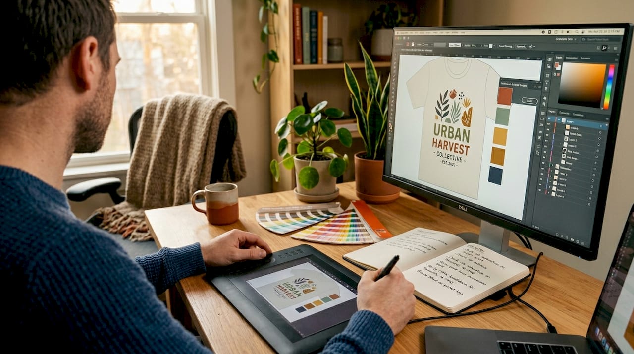 Designer preparing artwork for DTF printing
