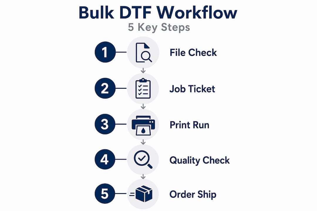 Infographic shows five-step bulk DTF workflow
